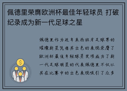 佩德里荣膺欧洲杯最佳年轻球员 打破纪录成为新一代足球之星